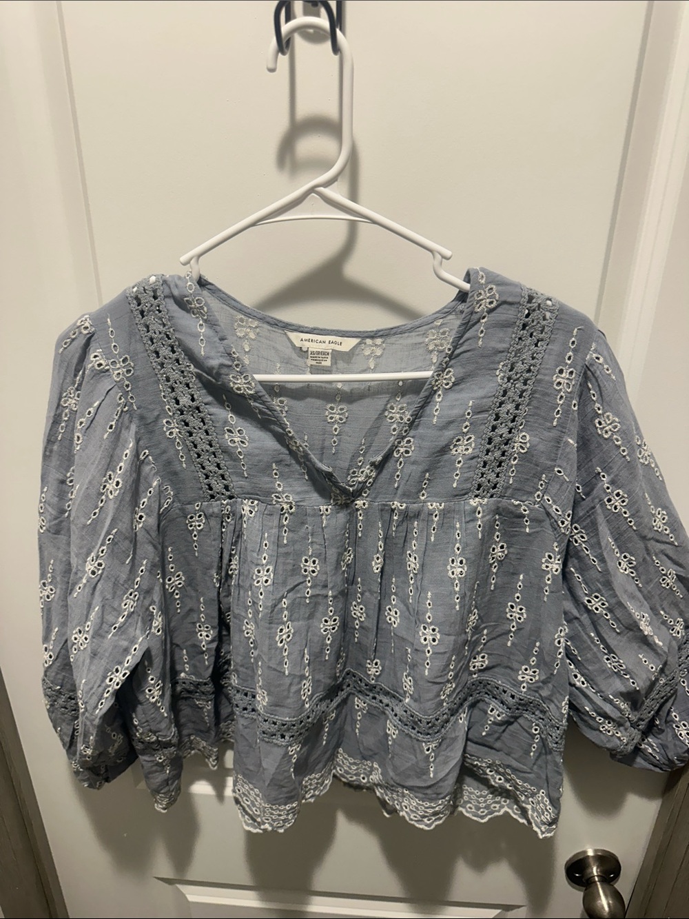 American Eagle Outfitters Blue Eyelet Peasant Blouse